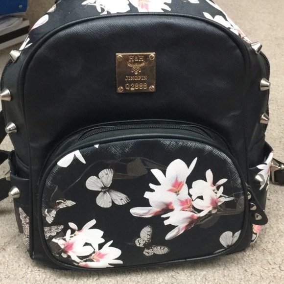 Handbags - Woman's Black Mini Backback with Floral Design